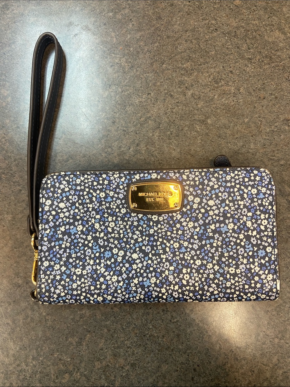 Michael Kors Navy and White Floral Zip Wristlet Wallet